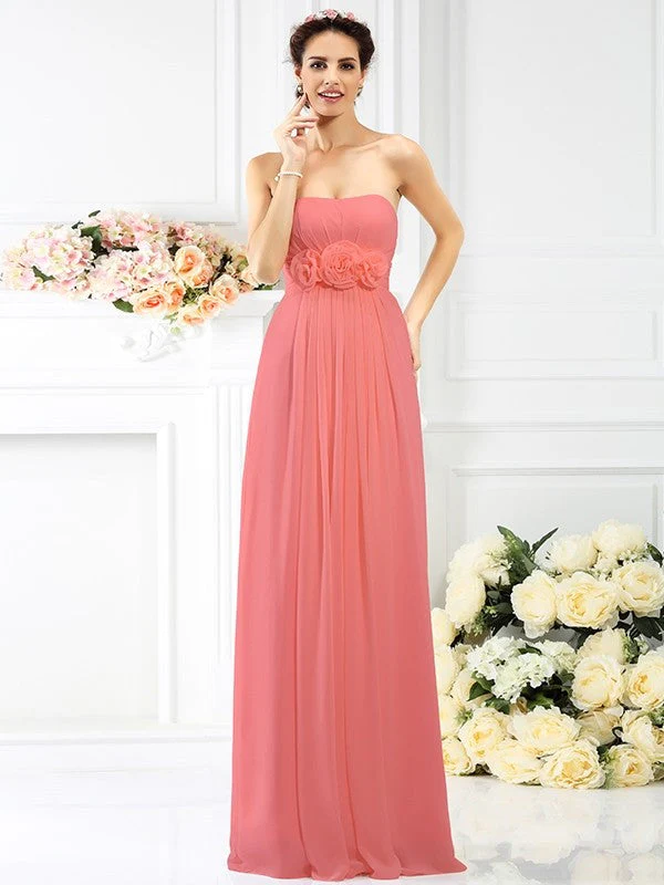Charming Strapless Hand-Made Flower Sleeveless Long Chiffon Bridesmaid Dresses - Image 28