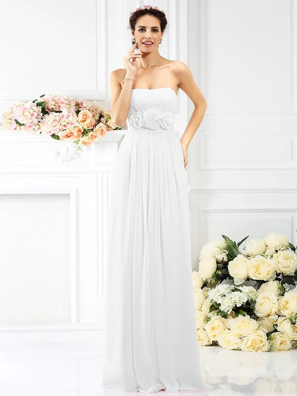 Charming Strapless Hand-Made Flower Sleeveless Long Chiffon Bridesmaid Dresses - Image 29