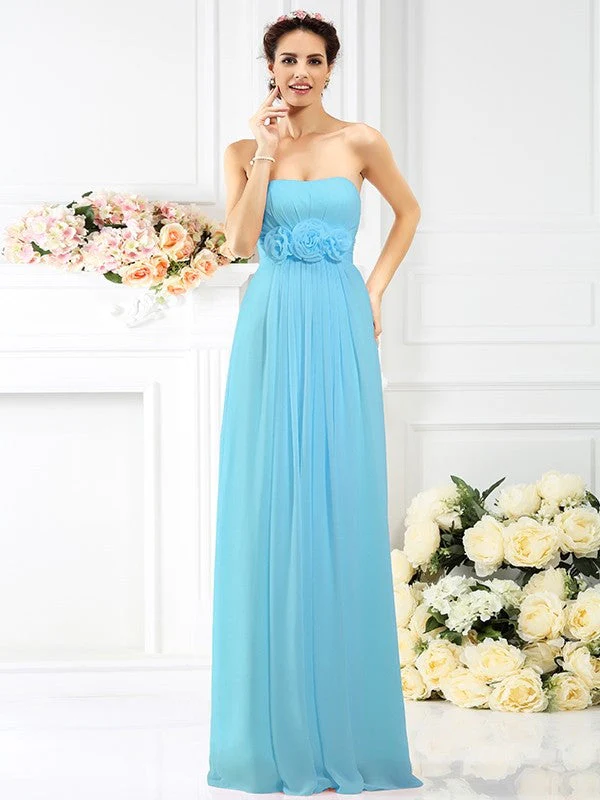 Charming Strapless Hand-Made Flower Sleeveless Long Chiffon Bridesmaid Dresses - Image 3