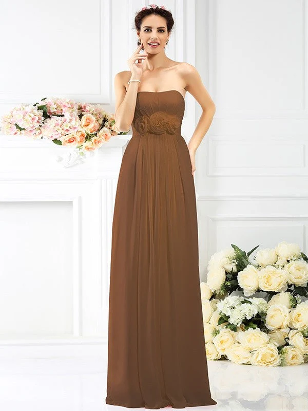 Charming Strapless Hand-Made Flower Sleeveless Long Chiffon Bridesmaid Dresses - Image 4
