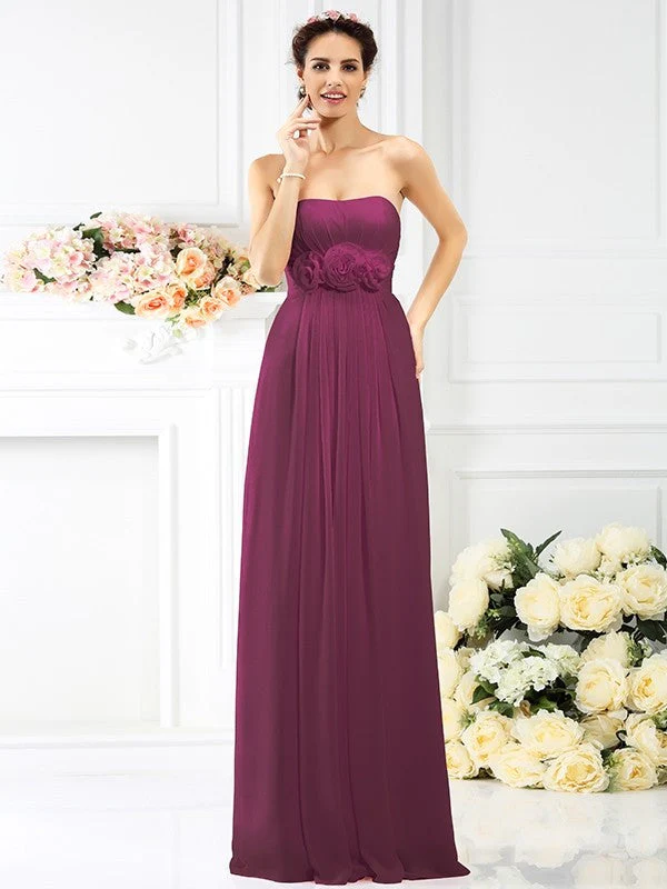 Charming Strapless Hand-Made Flower Sleeveless Long Chiffon Bridesmaid Dresses - Image 5