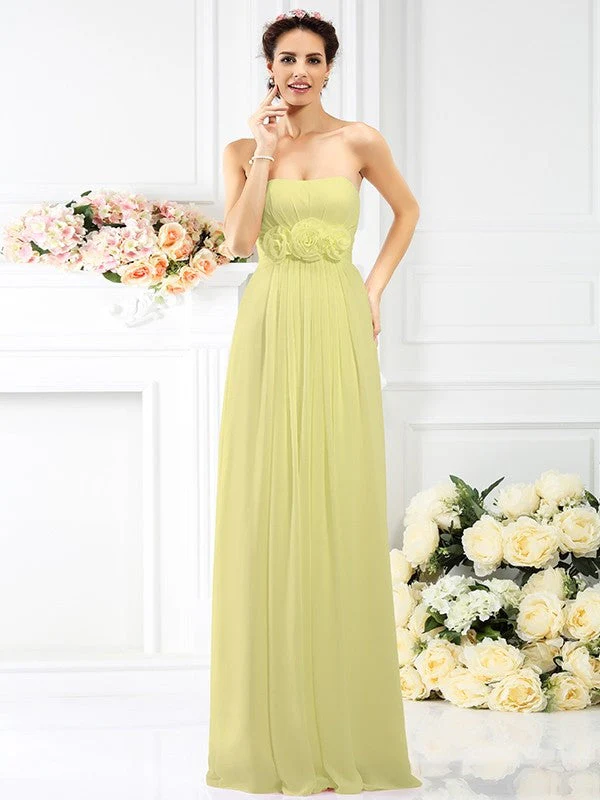 Charming Strapless Hand-Made Flower Sleeveless Long Chiffon Bridesmaid Dresses - Image 8