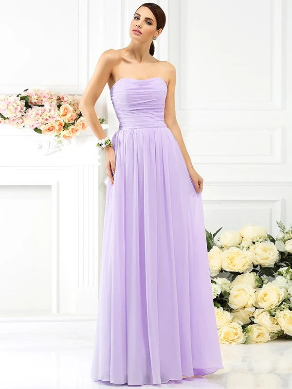 Charming Strapless Pleats Sleeveless Long Chiffon Bridesmaid Dresses - Image 19
