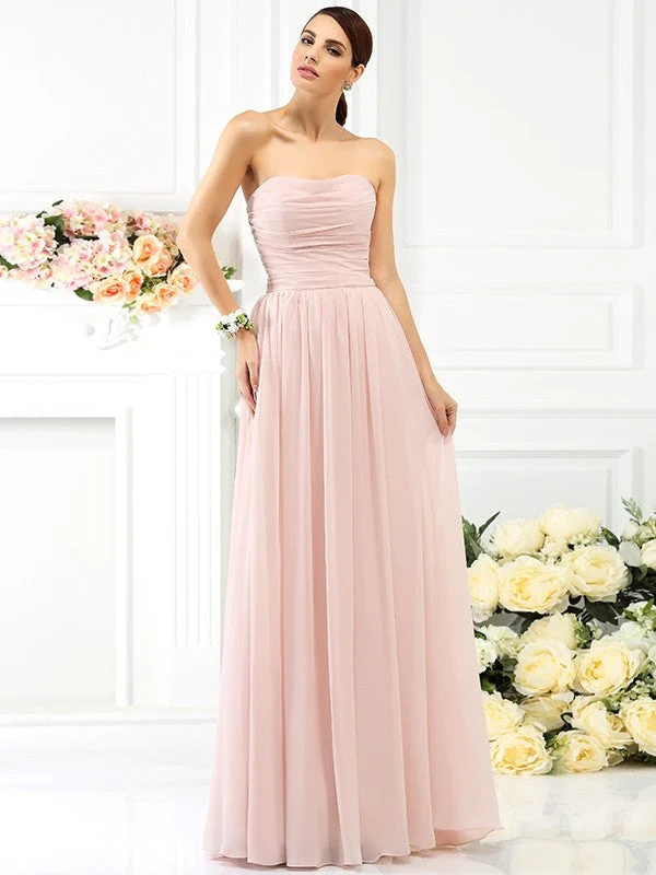 Charming Strapless Pleats Sleeveless Long Chiffon Bridesmaid Dresses - Image 21
