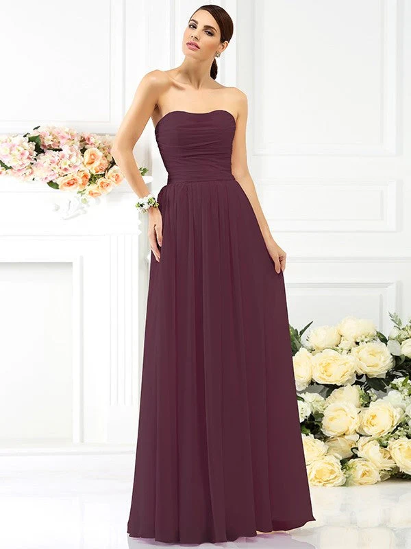 Charming Strapless Pleats Sleeveless Long Chiffon Bridesmaid Dresses - Image 5
