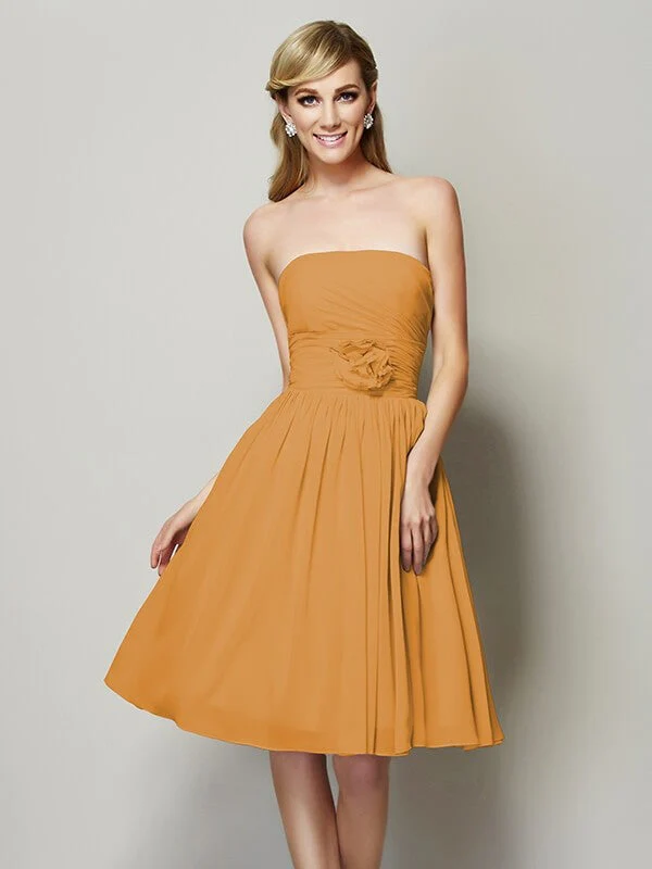 Charming Strapless Sleeveless Hand-Made Flower Short Chiffon Bridesmaid Dresses - Image 20