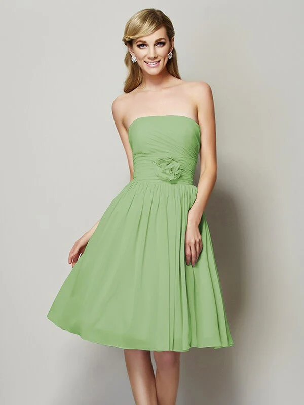 Charming Strapless Sleeveless Hand-Made Flower Short Chiffon Bridesmaid Dresses - Image 26