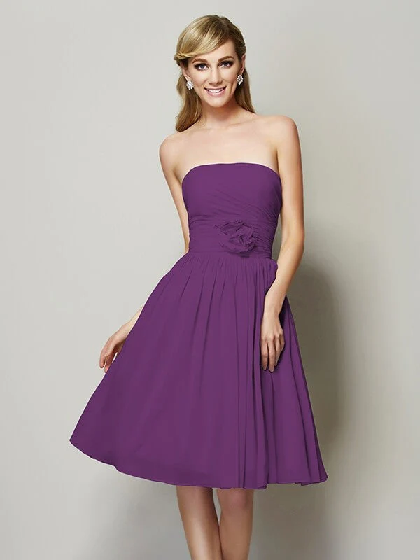 Charming Strapless Sleeveless Hand-Made Flower Short Chiffon Bridesmaid Dresses - Image 5