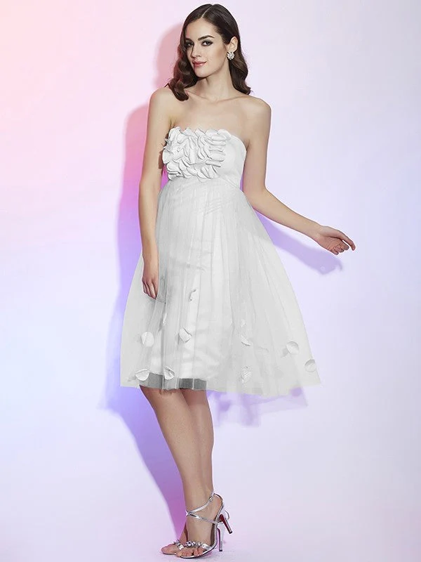 Charming Strapless Sleeveless Hand-Made Flower Short Net Bridesmaid Dresses - Image 16