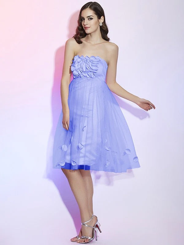 Charming Strapless Sleeveless Hand-Made Flower Short Net Bridesmaid Dresses - Image 17