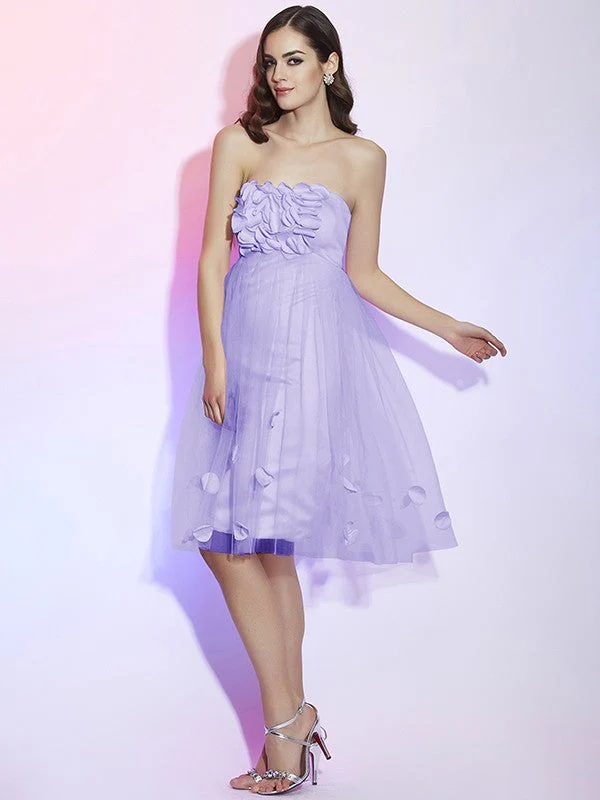 Charming Strapless Sleeveless Hand-Made Flower Short Net Bridesmaid Dresses - Image 18