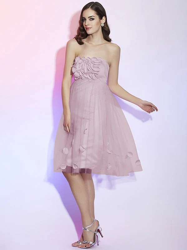 Charming Strapless Sleeveless Hand-Made Flower Short Net Bridesmaid Dresses - Image 19