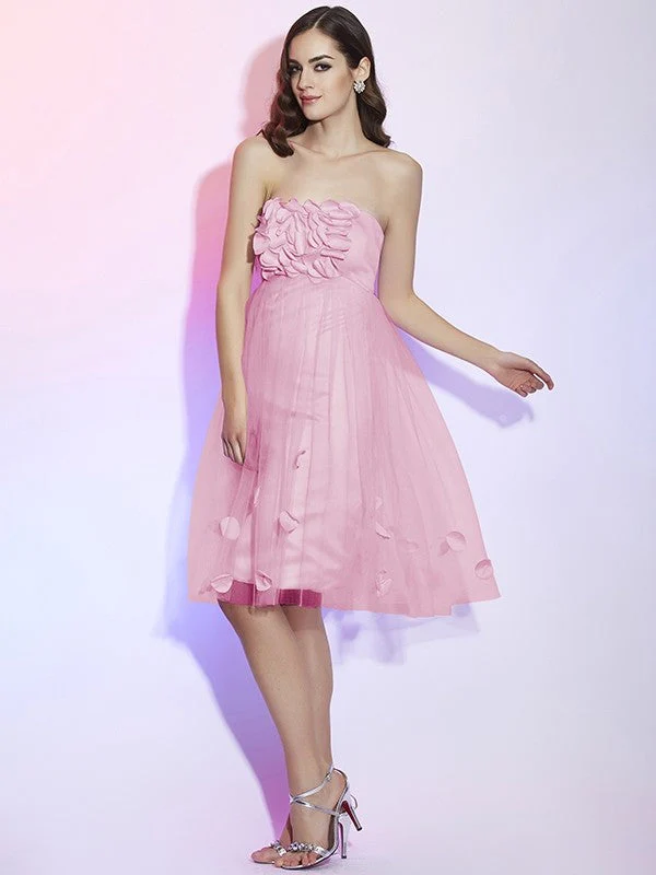 Charming Strapless Sleeveless Hand-Made Flower Short Net Bridesmaid Dresses - Image 20
