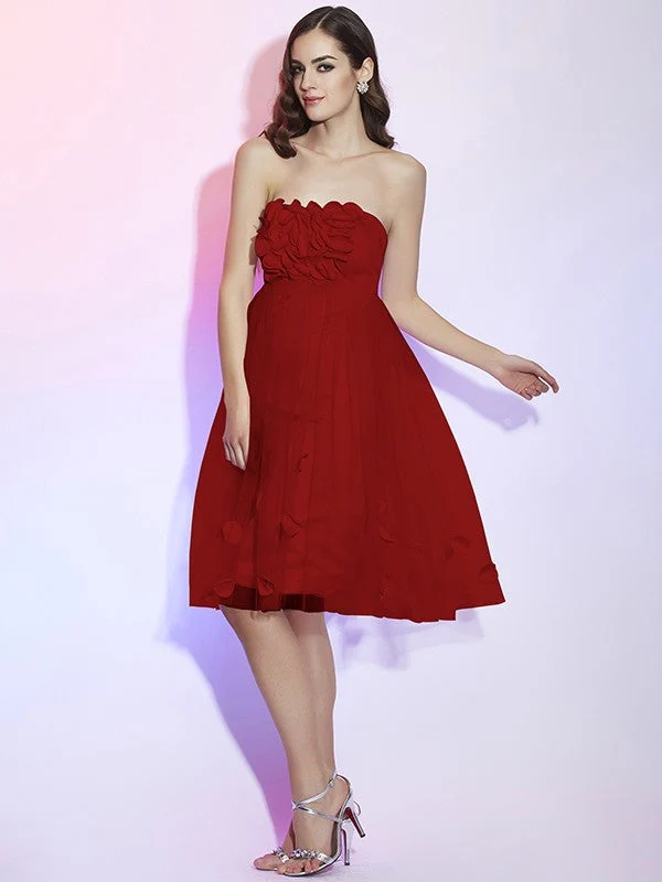 Charming Strapless Sleeveless Hand-Made Flower Short Net Bridesmaid Dresses - Image 21