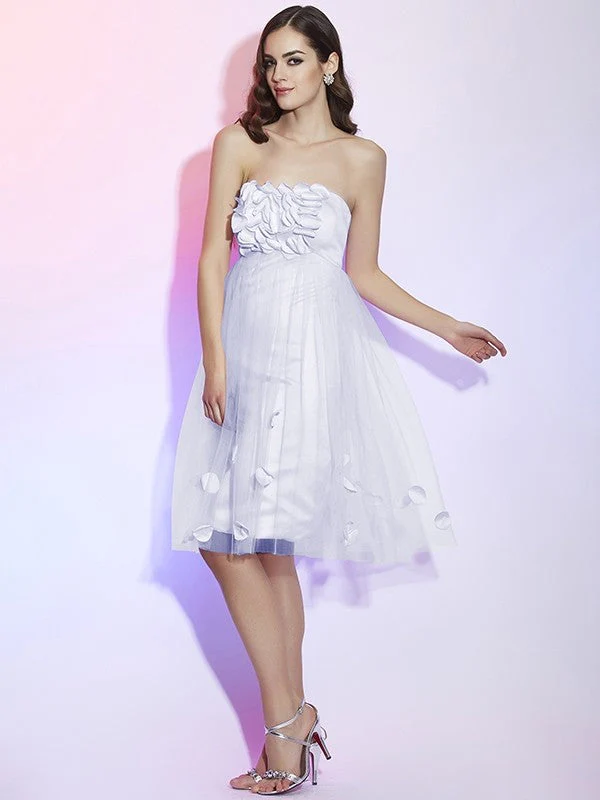 Charming Strapless Sleeveless Hand-Made Flower Short Net Bridesmaid Dresses - Image 28