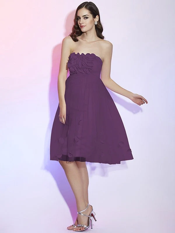 Charming Strapless Sleeveless Hand-Made Flower Short Net Bridesmaid Dresses - Image 29