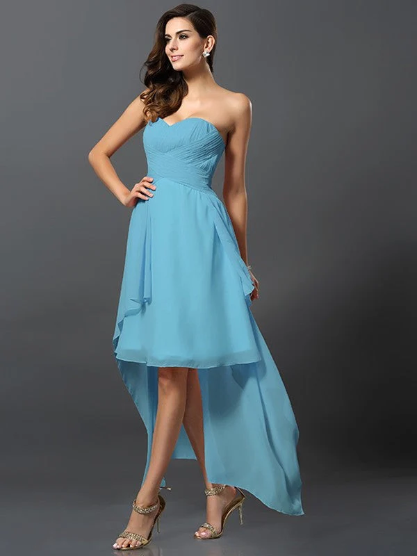 Gorgeous Sweetheart Pleats Sleeveless High Low Chiffon Bridesmaid Dresses - Image 3