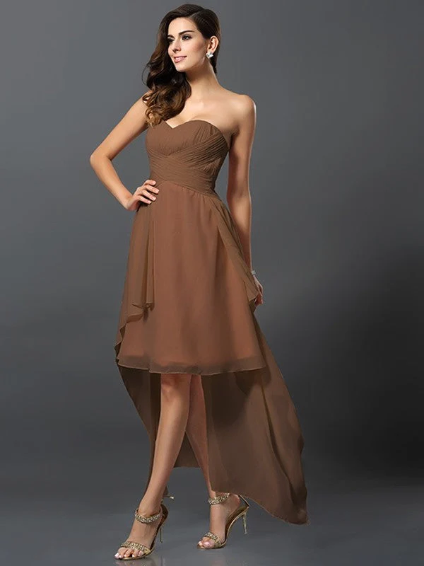 Gorgeous Sweetheart Pleats Sleeveless High Low Chiffon Bridesmaid Dresses - Image 4