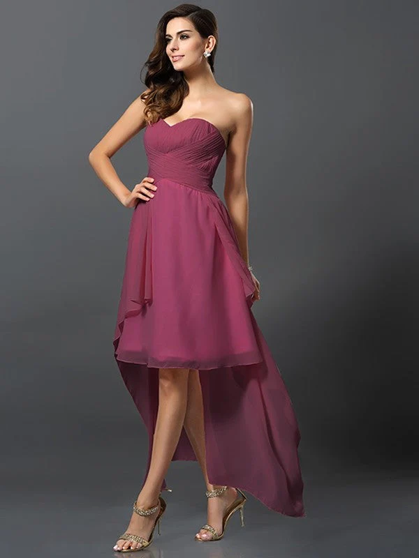 Gorgeous Sweetheart Pleats Sleeveless High Low Chiffon Bridesmaid Dresses - Image 5