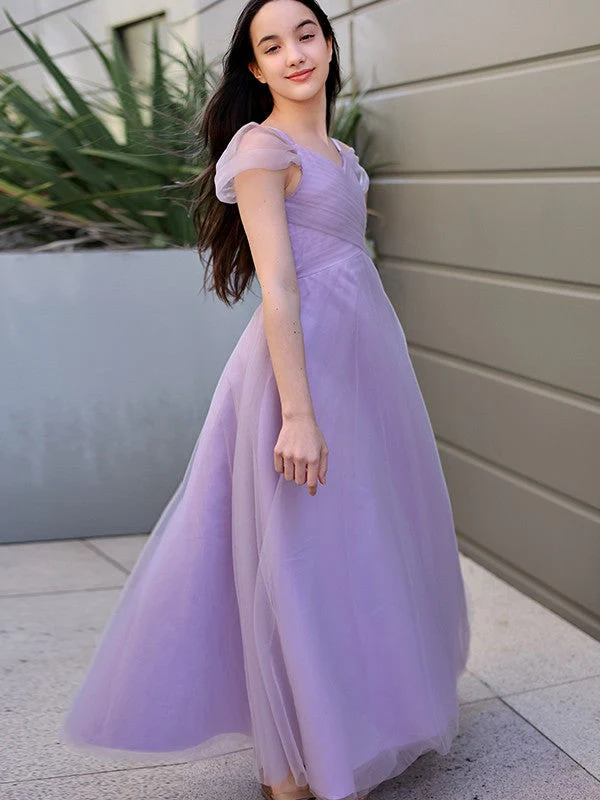 Gorgeous Tulle Ruched V-neck Short Sleeves Junior/Girls Bridesmaid Dresses - Image 3