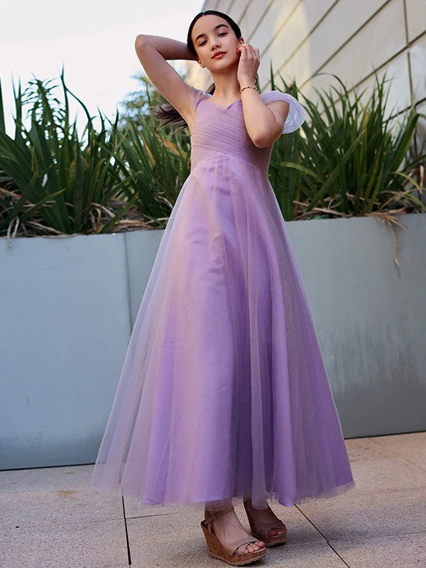 Gorgeous Tulle Ruched V-neck Short Sleeves Junior/Girls Bridesmaid Dresses - Image 5