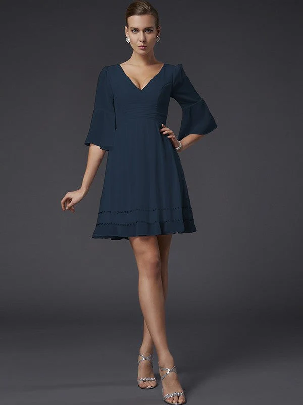 V-Neck Elegant 1/2 Sleeves Beading Short Chiffon Bridesmaid Dresses - Image 11