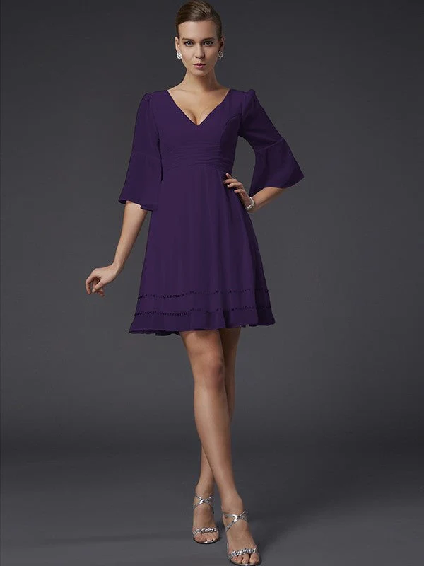 V-Neck Elegant 1/2 Sleeves Beading Short Chiffon Bridesmaid Dresses - Image 12