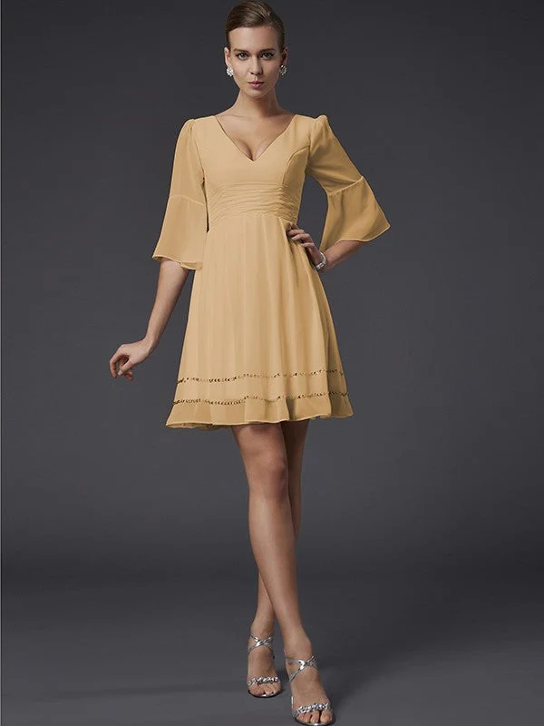 V-Neck Elegant 1/2 Sleeves Beading Short Chiffon Bridesmaid Dresses - Image 13
