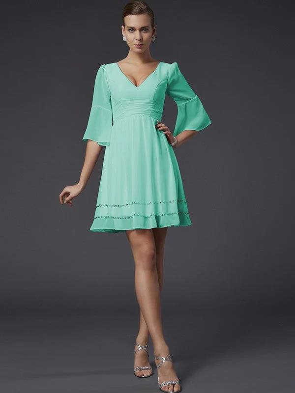 V-Neck Elegant 1/2 Sleeves Beading Short Chiffon Bridesmaid Dresses - Image 14
