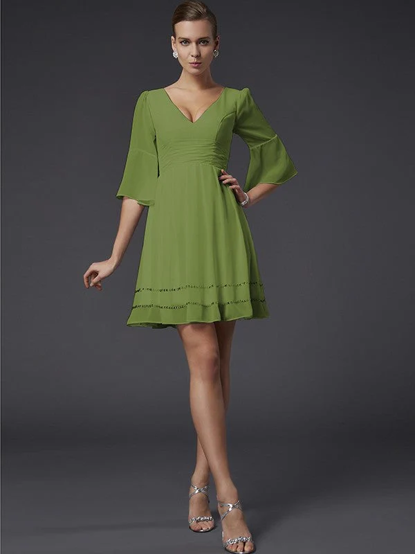V-Neck Elegant 1/2 Sleeves Beading Short Chiffon Bridesmaid Dresses - Image 15