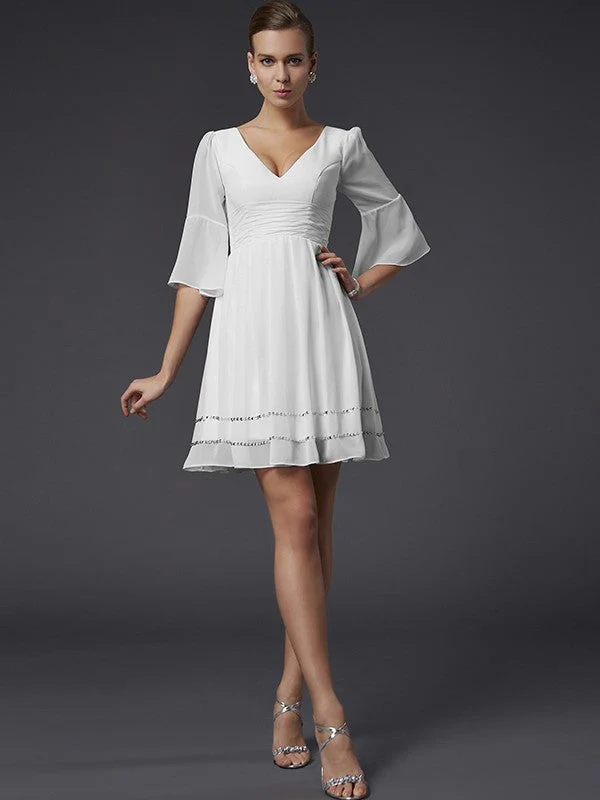 V-Neck Elegant 1/2 Sleeves Beading Short Chiffon Bridesmaid Dresses - Image 17