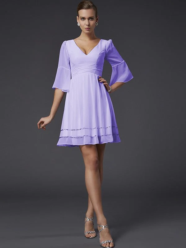V-Neck Elegant 1/2 Sleeves Beading Short Chiffon Bridesmaid Dresses - Image 19