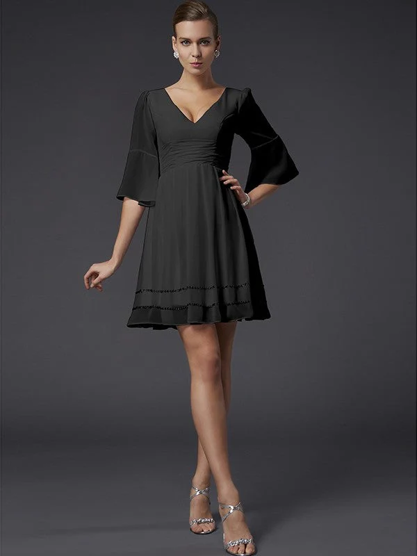 V-Neck Elegant 1/2 Sleeves Beading Short Chiffon Bridesmaid Dresses - Image 2