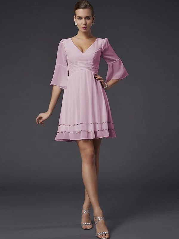 V-Neck Elegant 1/2 Sleeves Beading Short Chiffon Bridesmaid Dresses - Image 20