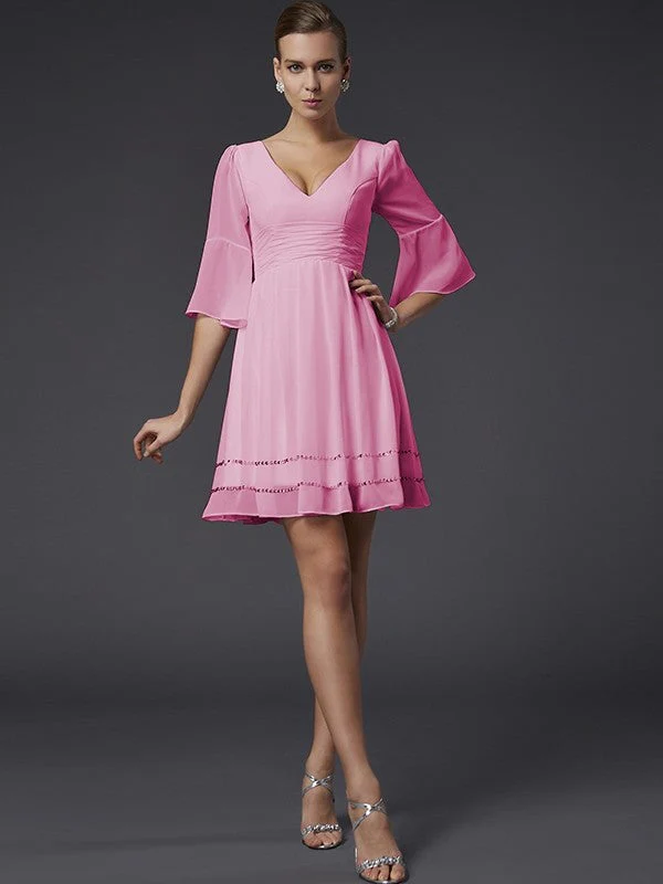 V-Neck Elegant 1/2 Sleeves Beading Short Chiffon Bridesmaid Dresses - Image 21