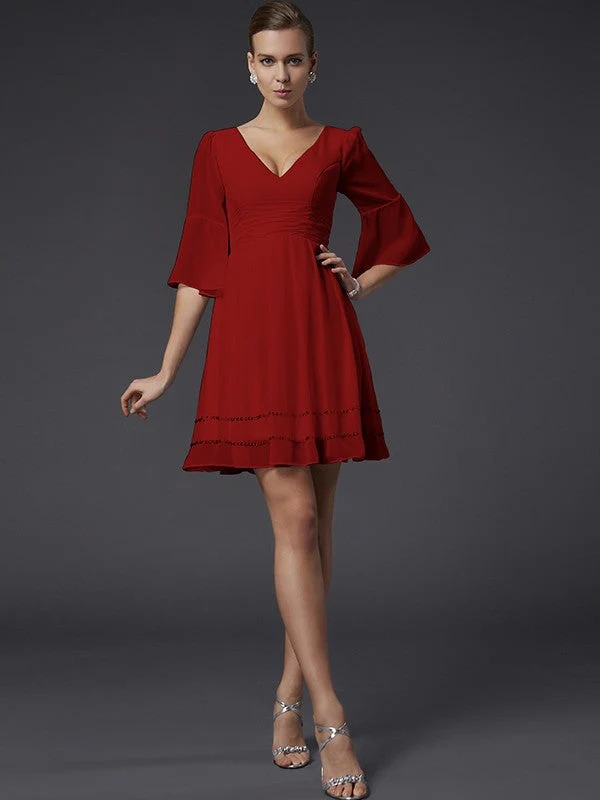V-Neck Elegant 1/2 Sleeves Beading Short Chiffon Bridesmaid Dresses - Image 22