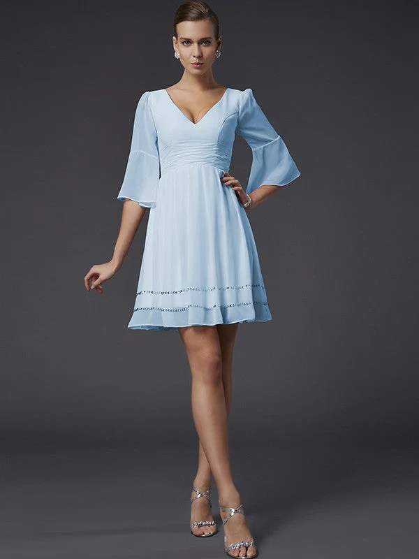 V-Neck Elegant 1/2 Sleeves Beading Short Chiffon Bridesmaid Dresses - Image 23