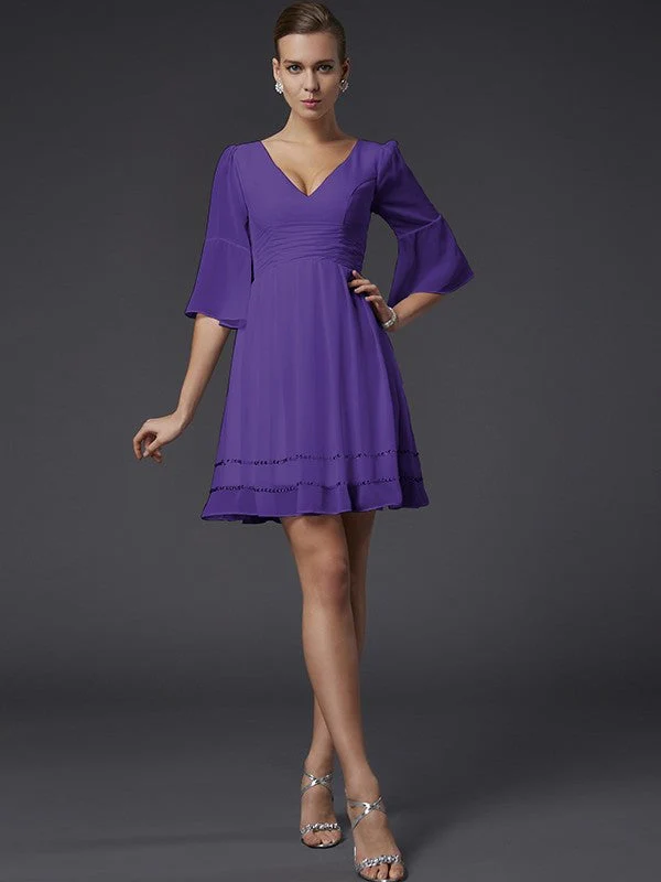 V-Neck Elegant 1/2 Sleeves Beading Short Chiffon Bridesmaid Dresses - Image 24