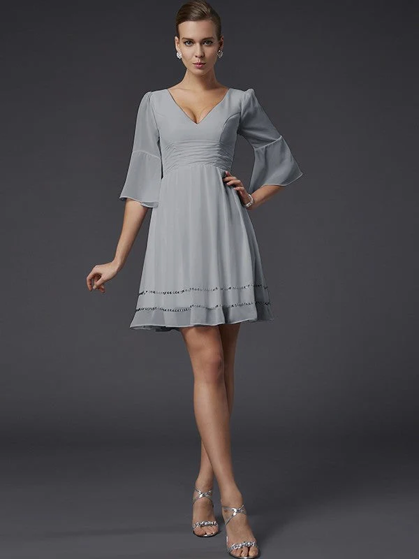 V-Neck Elegant 1/2 Sleeves Beading Short Chiffon Bridesmaid Dresses - Image 25