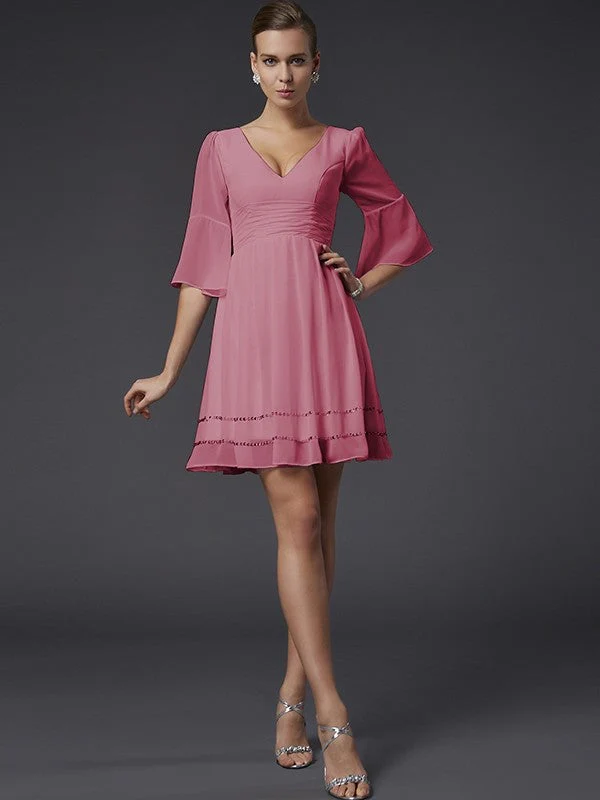 V-Neck Elegant 1/2 Sleeves Beading Short Chiffon Bridesmaid Dresses - Image 26