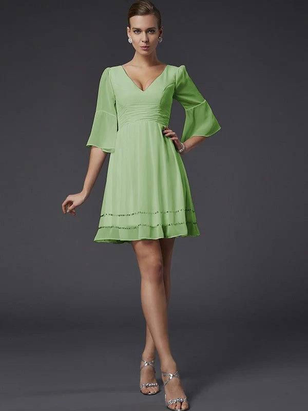 V-Neck Elegant 1/2 Sleeves Beading Short Chiffon Bridesmaid Dresses - Image 27