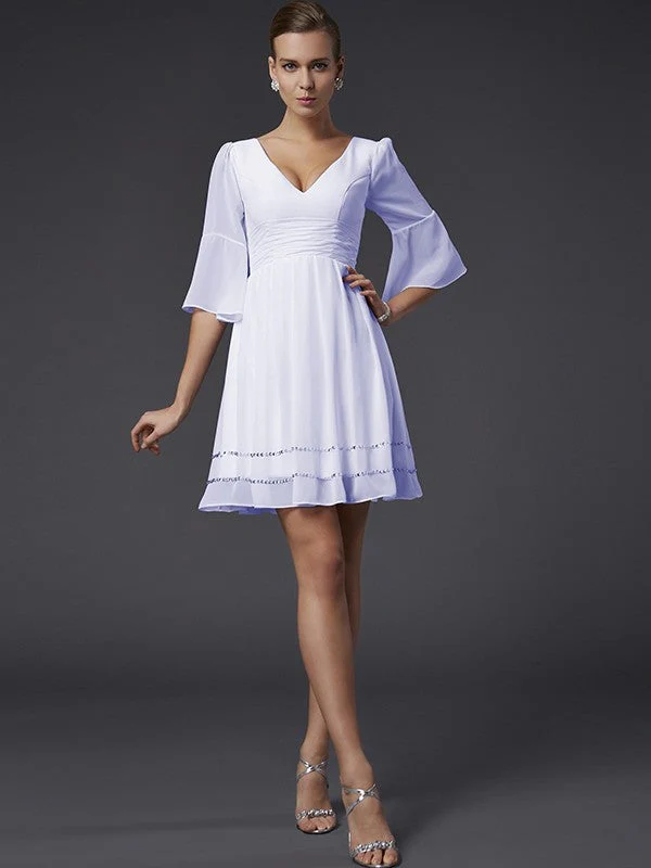 V-Neck Elegant 1/2 Sleeves Beading Short Chiffon Bridesmaid Dresses - Image 28