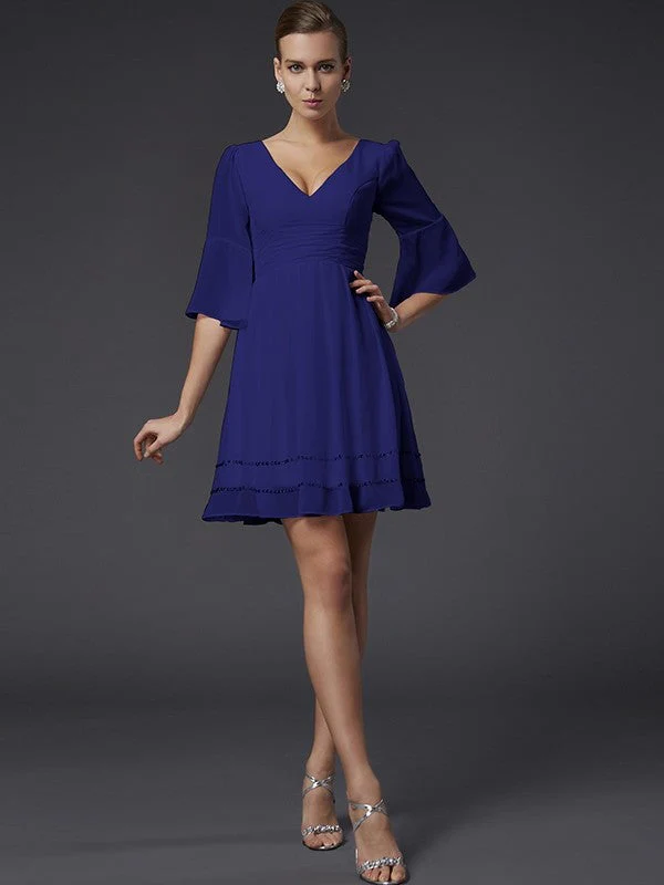 V-Neck Elegant 1/2 Sleeves Beading Short Chiffon Bridesmaid Dresses - Image 29