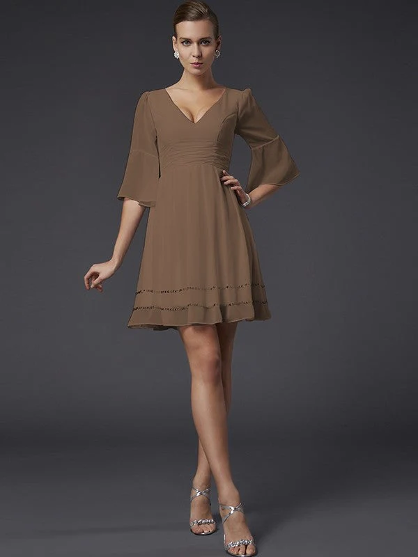 V-Neck Elegant 1/2 Sleeves Beading Short Chiffon Bridesmaid Dresses - Image 3