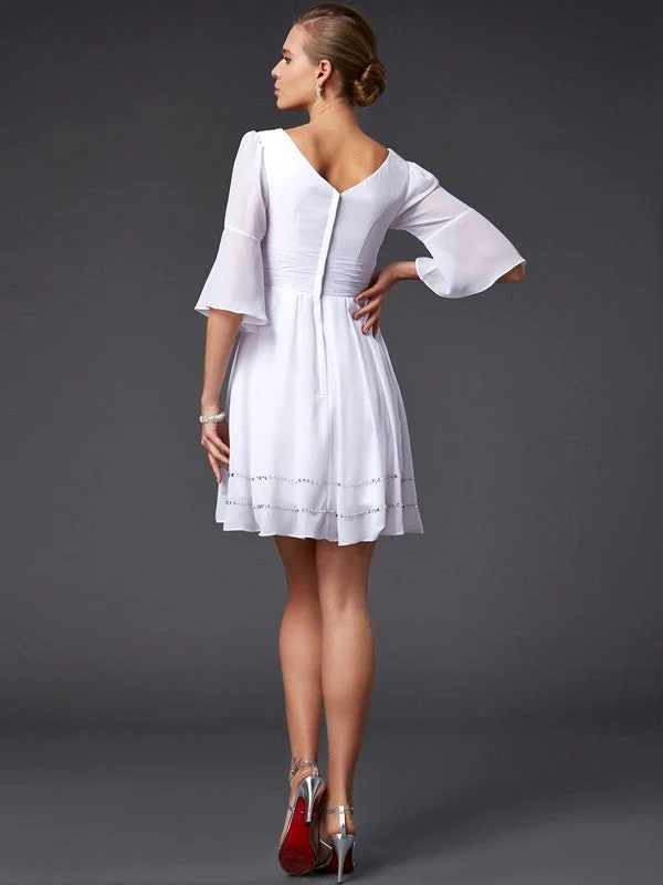 V-Neck Elegant 1/2 Sleeves Beading Short Chiffon Bridesmaid Dresses - Image 30