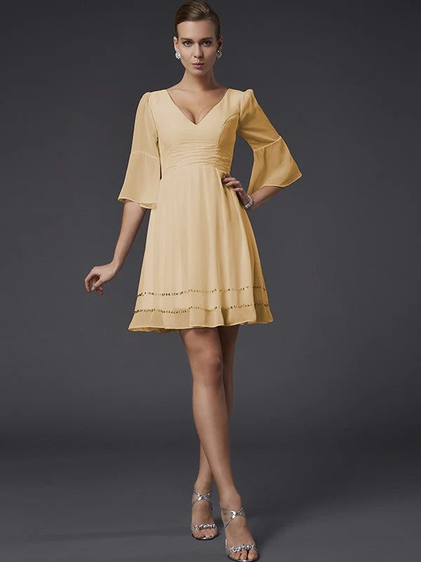 V-Neck Elegant 1/2 Sleeves Beading Short Chiffon Bridesmaid Dresses - Image 4