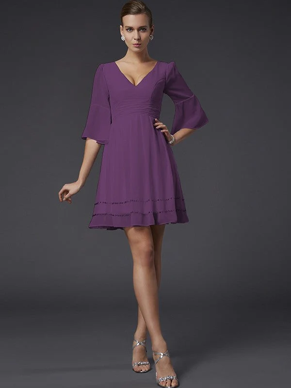 V-Neck Elegant 1/2 Sleeves Beading Short Chiffon Bridesmaid Dresses - Image 5