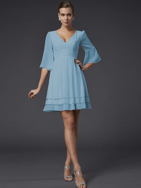 V-Neck Elegant 1/2 Sleeves Beading Short Chiffon Bridesmaid Dresses - Image 6