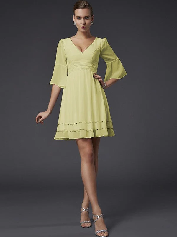 V-Neck Elegant 1/2 Sleeves Beading Short Chiffon Bridesmaid Dresses - Image 8