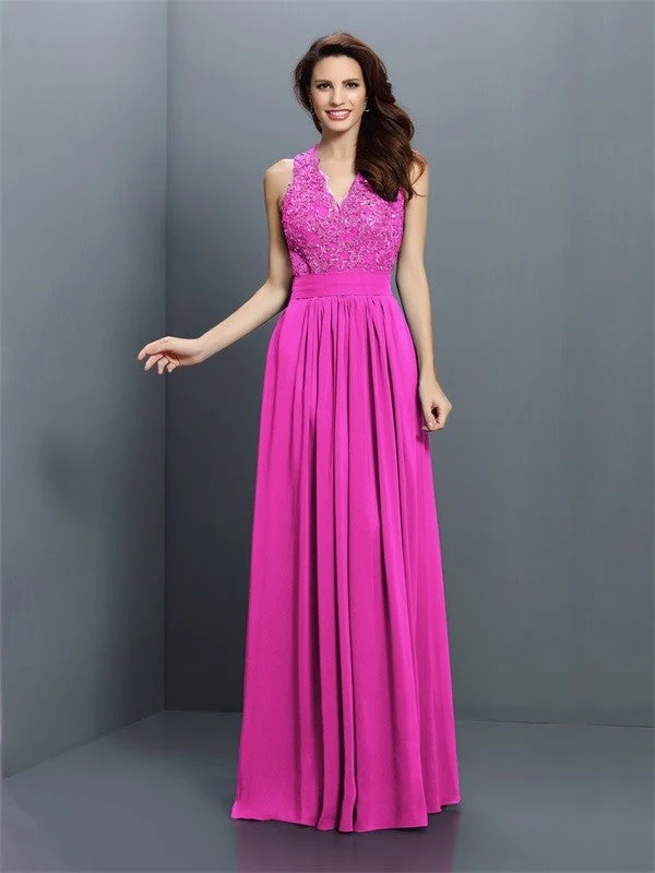 V-Neck Elegant Applique Sleeveless Long Chiffon Bridesmaid Dresses - Image 11
